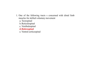 1. One of the following tracts s concerned with distal limb
muscles for skilled voluntary movement
a. Tectospinal
b. Reticulospinal
c. Vestibulospinal
d.Rubrospinal
e. Ventral corticospinal
 