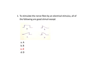 1. To stimulate the nerve fibre by an electrical stimulus, all of
the following are good stimuli except
a. A
b.B
c. C
d.D
 