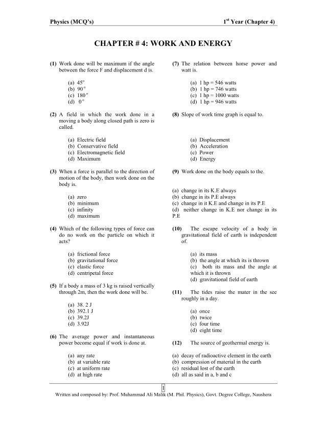 Physics Mcq S Ch 4 For Fsc Part 1st Students Physics Mcq S Ch 4 For Fsc Part 1st Students
