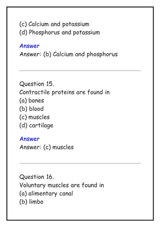 (c) Calcium and potassium
(d) Phosphorus and potassium
Answer
Answer: (b) Calcium and phosphorus
Question 15.
Contractile proteins are found in
(a) bones
(b) blood
(c) muscles
(d) cartilage
Answer
Answer: (c) muscles
Question 16.
Voluntary muscles are found in
(a) alimentary canal
(b) limbo
 