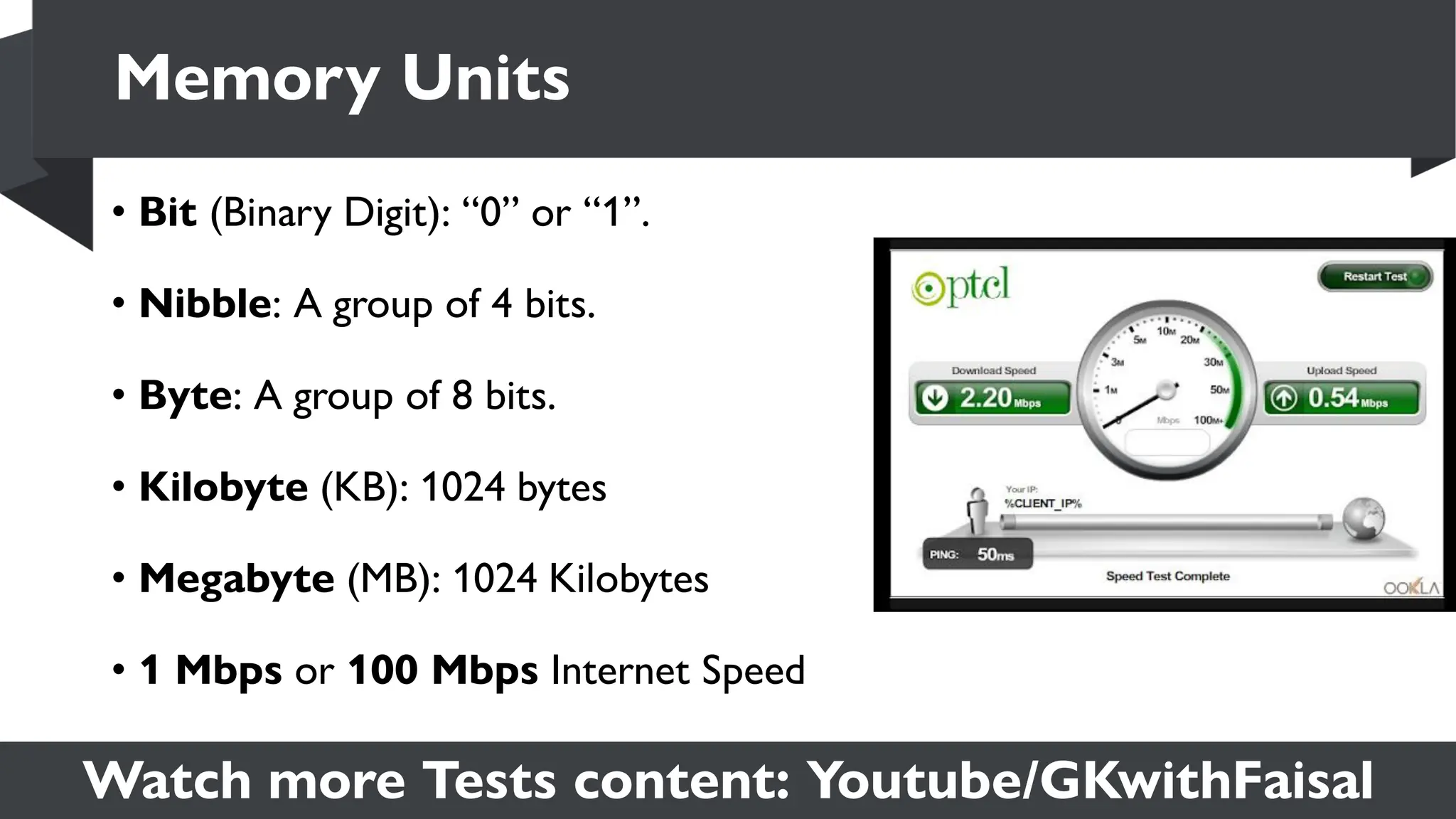 Watch more Tests content: Youtube/GKwithFaisal
• Bit (Binary Digit): “0” or “1”.
• Nibble: A group of 4 bits.
• Byte: A group of 8 bits.
• Kilobyte (KB): 1024 bytes
• Megabyte (MB): 1024 Kilobytes
• 1 Mbps or 100 Mbps Internet Speed
Memory Units
 