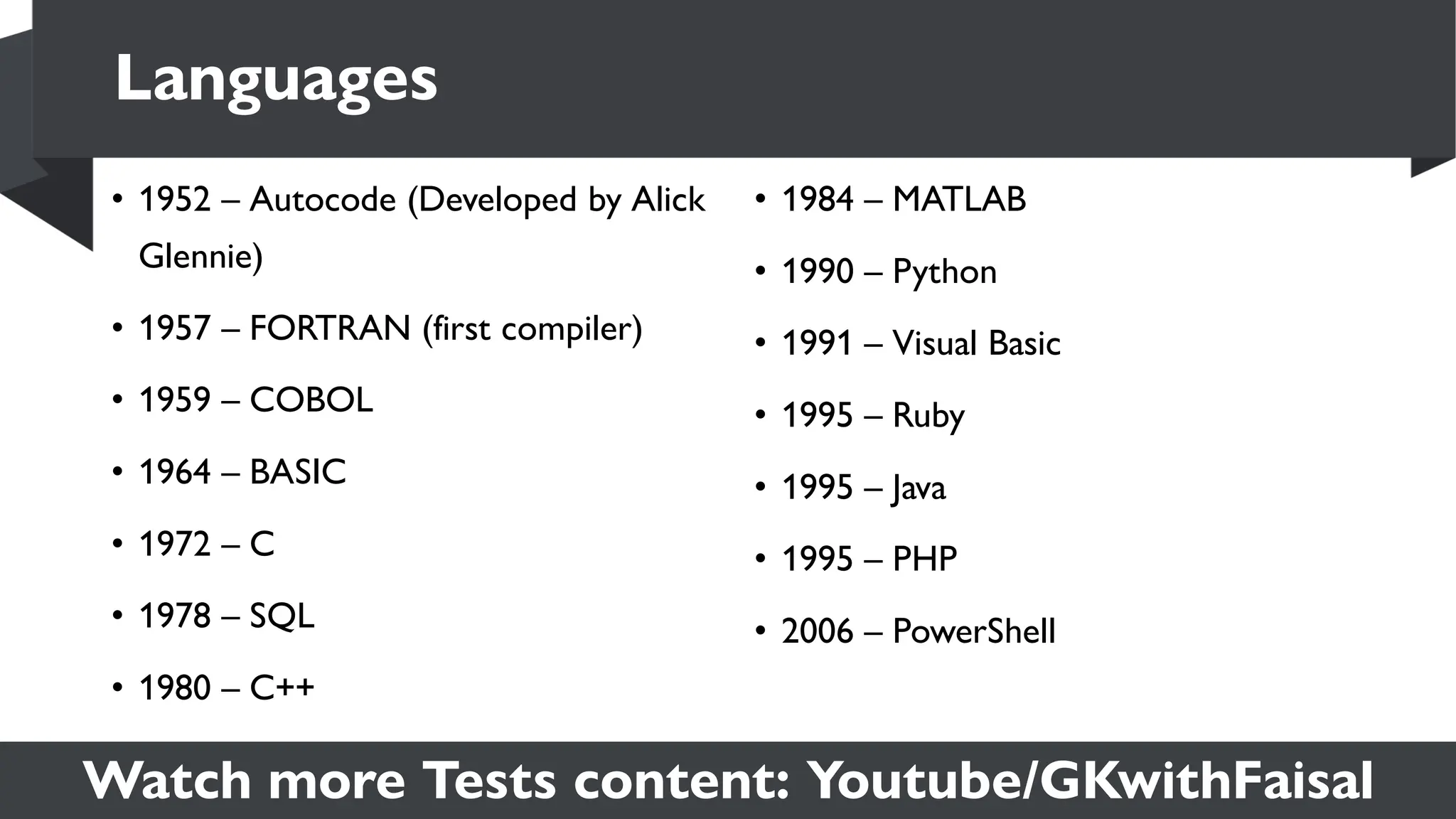 Watch more Tests content: Youtube/GKwithFaisal
• 1952 – Autocode (Developed by Alick
Glennie)
• 1957 – FORTRAN (first compiler)
• 1959 – COBOL
• 1964 – BASIC
• 1972 – C
• 1978 – SQL
• 1980 – C++
• 1984 – MATLAB
• 1990 – Python
• 1991 – Visual Basic
• 1995 – Ruby
• 1995 – Java
• 1995 – PHP
• 2006 – PowerShell
Languages
 