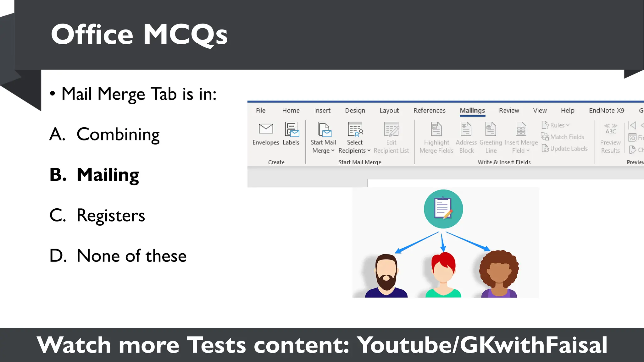 Watch more Tests content: Youtube/GKwithFaisal
• Mail Merge Tab is in:
A. Combining
B. Mailing
C. Registers
D. None of these
Office MCQs
 