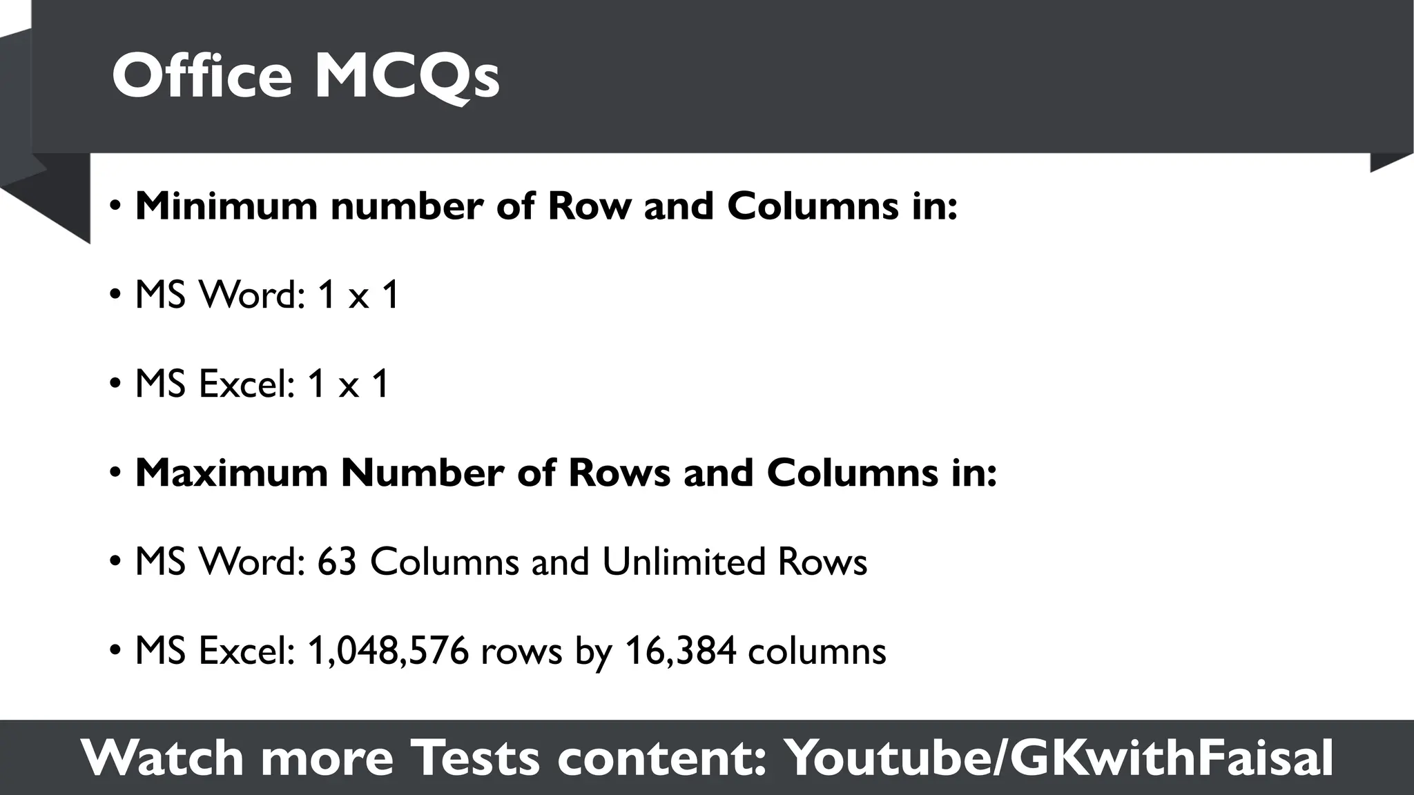 Watch more Tests content: Youtube/GKwithFaisal
• Minimum number of Row and Columns in:
• MS Word: 1 x 1
• MS Excel: 1 x 1
• Maximum Number of Rows and Columns in:
• MS Word: 63 Columns and Unlimited Rows
• MS Excel: 1,048,576 rows by 16,384 columns
Office MCQs
 