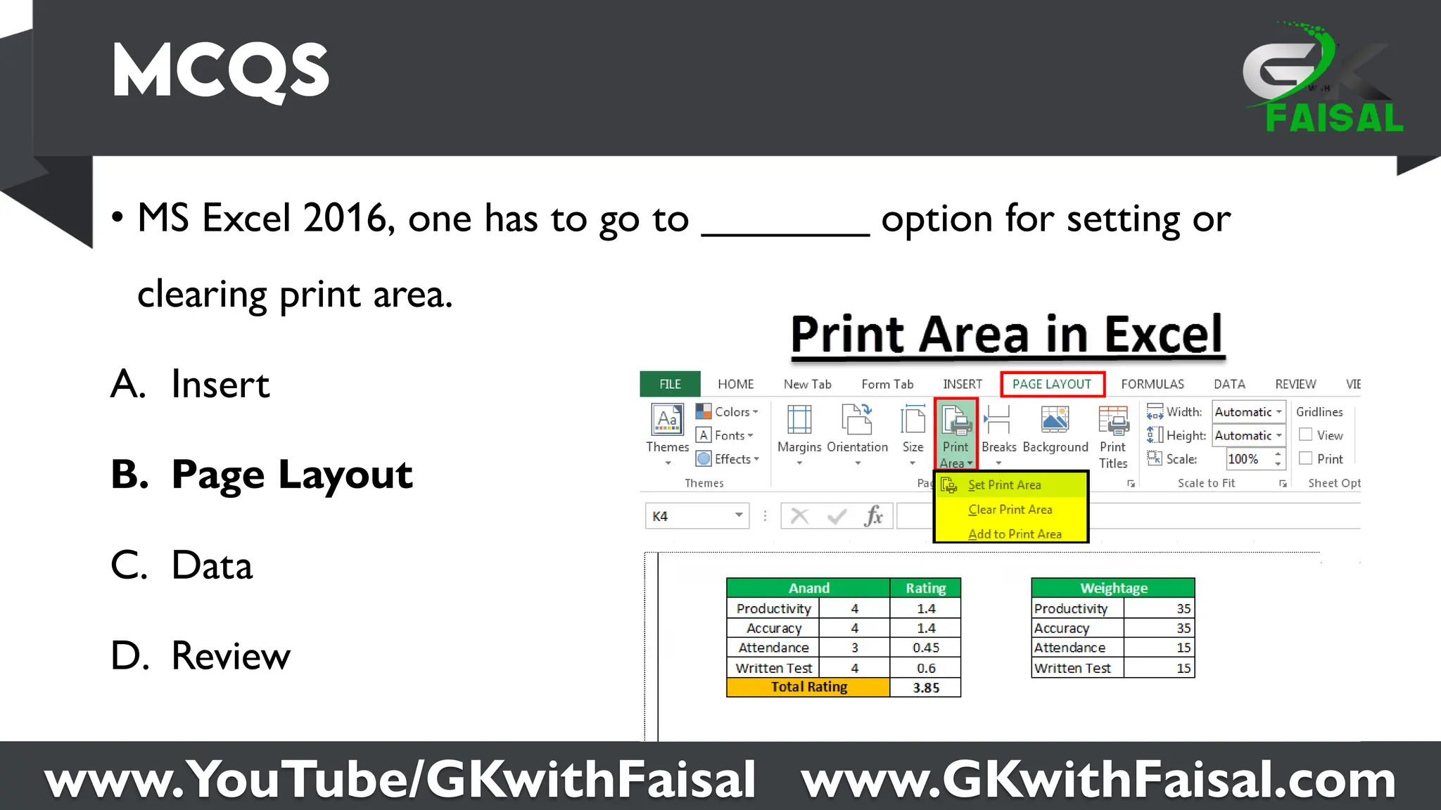 www.YouTube/GKwithFaisal www.GKwithFaisal.com
• MS Excel 2016, one has to go to ________ option for setting or
clearing print area.
A. Insert
B. Page Layout
C. Data
D. Review
 