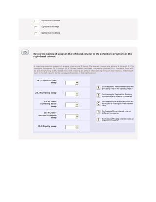 Options on futures
Options on swaps
Options on options
Relate the names of swaps in the left hand column to the definitions of options in the
right-hand column.
A matching question presents 5 answer choices and 5 items. The answer choices are lettered A through E. The
items are numbered 25.1 through 25.5. Screen readers will read the answer choices first. Then each item will
be presented along with a select menu for choosing an answer choice.Using the pull-down menus, match each
item in the left column to the corresponding item in the right column.
Exchange of a fixed interest rate with
a floating rate in the same currency
Exchange of a fixed witha floating
interest rate in different currencies
Exchange of the rate of returnon an
equity for a floating or fixed interest
rate
Exchange of fixed interest rate on
different currencies
Exchange of floating interest rateson
different currencies
25.1 Interest-rate
swap
25.2 Currency swap
25.3 Cross-
currency basis
swap
25.4 Cross-
currency coupon
swap
25.5 Equity swap
 