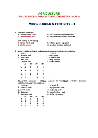 AGRICULTURE
SOIL SCIENCE & AGRICULTURAL CHEMISTRY (MCQ’s)
MCQ’s in SOILS & FERTILITY – 1
1. How soil develops
a. Decomposed crust b. Decomposed plant residues
c. Decomposed rock d. Decomposed animal residues
kz; vg;gb cz;lhfpwJ
a. kf;fpa Nky; XL b. kf;fpa jhtu fopTfs;
c. kf;fpa ghiw d. kf;fpa tpyq;F fopTfs;
2. Match List I with List II and choose the correct options given below
List I List II
A. Alluvial soil 1. Dark-grey
B. Black soil 2. Coastal belt
C. Red soil 3. Hilly regions
D. Laterite soil 4. Ferric oxide
(A) (B) (C) (D)
a. 4 3 2 1
b. 3 4 2 1
c. 1 2 3 4
d. 2 1 4 3
ml;ltiz gl;bay; I ypUe;J gl;bay; II nghUj;Jf. rhpahd tpilia
FwpaPLfspypUe;J Njh;e;njLf;f.
gl;Bay; I gl;Bay; II
A. tz;ly; kz; 1. fUQ;rhk;gy; kz;
B. fhpry; kz;; 2. flw;fiu kz;
C. nrk;kz; 3. kiyg;gpuNjr kz;
D. nrk;Giu kz; 4. nghpf; Mf;i]L
(A) (B) (C) (D)
a. 4 3 2 1
b. 3 4 2 1
c. 1 2 3 4
d. 2 1 4 3
 