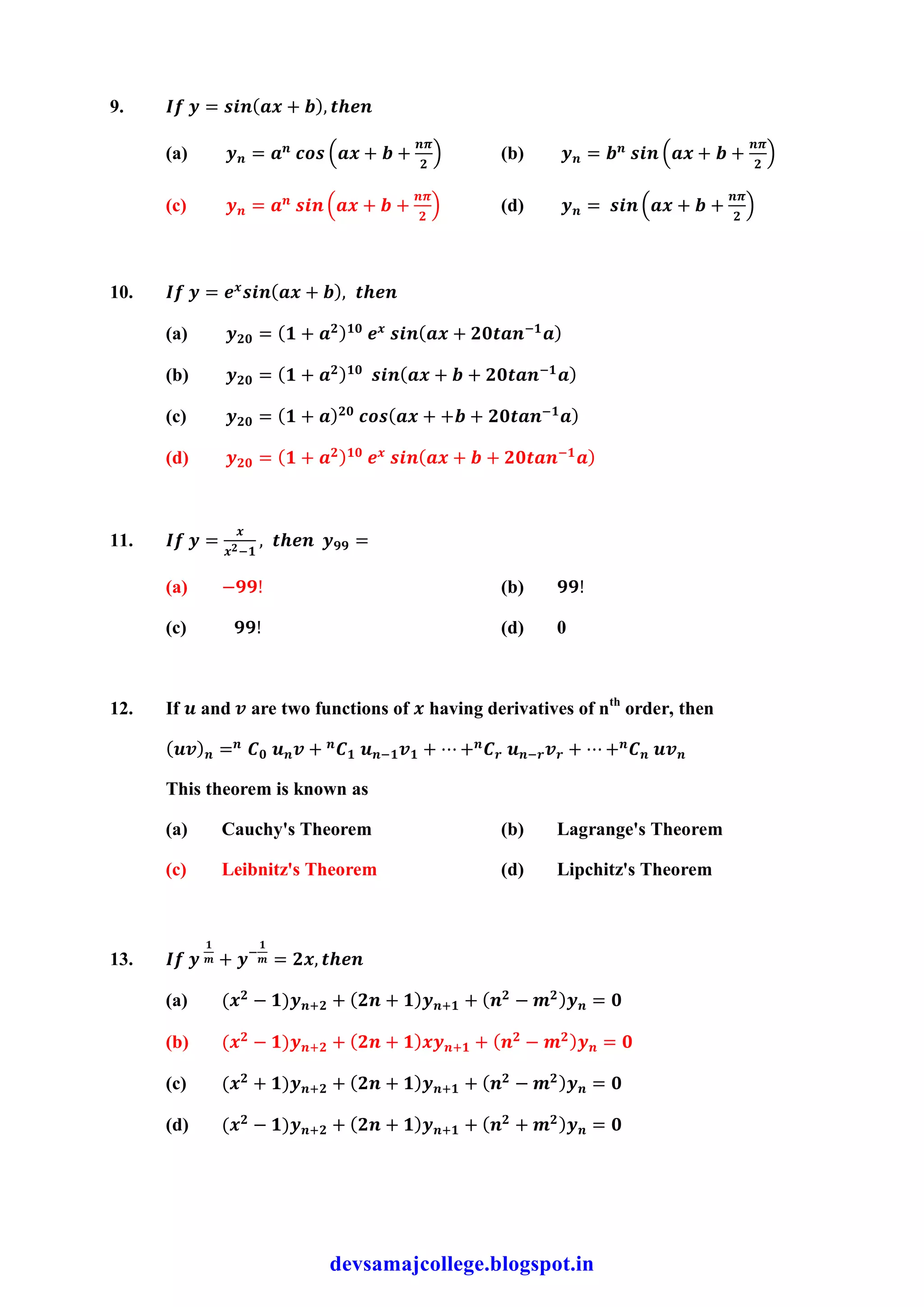 Multiple choice questions successive differentiation calculus pdf