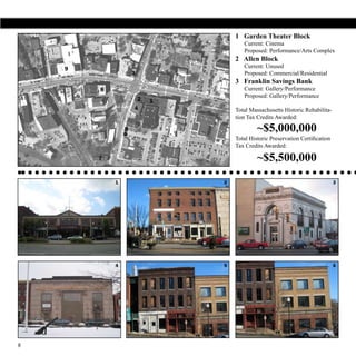 1 Garden Theater Block
                                       Current: Cinema
                                       Proposed: Performance/Arts Complex
                                    2 Allen Block
    9                                  Current: Unused
                    3                  Proposed: Commercial/Residential
                                    3 Franklin Savings Bank
        8                              Current: Gallery/Performance
                                       Proposed: Gallery/Performance
                        2   1
                    4               Total Massachusetts Historic Rehabilita-
                                    tion Tax Credits Awarded:
                5
                6
                                             ~$5,000,000
                                    Total Historic Preservation Certification
                                    Tax Credits Awarded:

        7                                    ~$5,500,000
            1                   2                                               3




            4                   5                                               6




8
 
