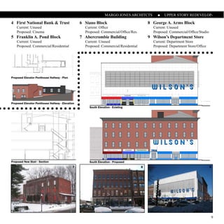 MARGO JONES ARCHITCTS                UPPER STORY REDEVELOP-
                                                                                                                        MENT
4 First National Bank & Trust                     6 Siano Block                            8 George A. Arms Block
    Current: Unused                                 Current: Office                           Current: Unused
    Proposed: Cinema                                Proposed: Commercial/Office/Res.          Proposed: Commercial/Office/Studio
5 Franklin A. Pond Block                          7 Abercrombie Building                   9 Wilson’s Department Store
    Current: Unused                                 Current: Unused                           Current: Department Store
    Proposed: Commercial/Residential                Proposed: Commercial/Residential          Proposed: Department Store/Office




Proposed Elevator Penthouse Hallway - Plan




Proposed Elevator Penthouse Hallway - Elevation
                                                      South Elevation - Existing
                                                                                           PROJECT LOCATION:
                                                                                           Wendover Air Force Base
                                                                                           Wendover, UT

                                                                                           PARTNER:
                                                                                           Christina Haas

                                                                                           PROJECT OVERVIEW:
                                                                                           Comprehensive Studio was an intensive,
                                                                                           ten week summer semester course in which
                                                                                           teams of two were asked to design a mu-
                                                                                           seum and restoration facility that would
Proposed New Stair - Section                          South Elevation - Proposed
                                                                                           be capable of holding two B-29 bombers,
                                             7                                         8
                                                                                           the Enola Gay and the Bockscar. Design 9
                                                                                           challenges included coping with housing
                                                                                           the sheer size of the planes, a flat, desolate
                                                                                           site adjacent to the salt flats, as well as the
                                                                                           incredibly somber subject matter.




                                                                                                                                         9
 