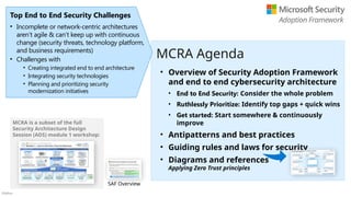 Público
• Overview of Security Adoption Framework
and end to end cybersecurity architecture
• End to End Security: Consider the whole problem
• Ruthlessly Prioritize: Identify top gaps + quick wins
• Get started: Start somewhere & continuously
improve
• Antipatterns and best practices
• Guiding rules and laws for security
• Diagrams and references
Applying Zero Trust principles
MCRA Agenda
Top End to End Security Challenges
• Incomplete or network-centric architectures
aren’t agile & can’t keep up with continuous
change (security threats, technology platform,
and business requirements)
• Challenges with
• Creating integrated end to end architecture
• Integrating security technologies
• Planning and prioritizing security
modernization initiatives
MCRA is a subset of the full
Security Architecture Design
Session (ADS) module 1 workshop:
Adoption Framework
SAF Overview
 