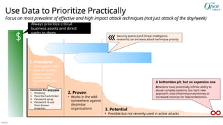 Público
Use Data to Prioritize Practically
Focus on most prevalent of effective and high impact attack techniques (not just attack of the day/week)
1. Prevalent
• Used against you
• Used on similar
organizations
(industry peers,
similar/related data,
etc.)
2. Proven
• Works in the wild
somewhere against
dissimilar
organizations 3. Potential
• Possible but not recently used in active attacks
A bottomless pit, but an expensive one
Attackers have potentially infinite ability to
abuse complex systems, but each new
approach costs time/resources/money or
increased chances for failure/detection.
Security events (and threat intelligence
research) can increase attack technique priority
Common for everyone
1. Phishing
2. Pass the hash/ticket
3. Password spray
4. Password re-use
from known
breaches
Always prioritize critical
business assets and direct
paths to them
 