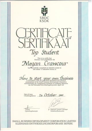 Megan Crawcour, SBDC certificate