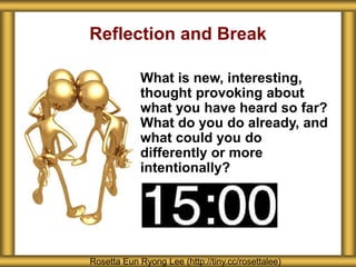 Reflection and Break
What is new, interesting,
thought provoking about
what you have heard so far?
What do you do already, and
what could you do
differently or more
intentionally?
Rosetta Eun Ryong Lee (http://tiny.cc/rosettalee)
 