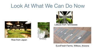 Look At What We Can Do Now


                             Lettuce from Tennessee




                  Tomatoes
Rice from Japan

                              EuroFresh Farms, Willcox, Arizona
 