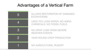 Advantages of a Vertical Farm

5      ALLOWS RESTORATION OF DAMAGED
       ECOSYSTEMS
       USES 70% LESS WATER, NO AGRO-
4      CHEMICALS, NO FOSSIL FUELS

3      NO CROP LOSS FROM SEVERE
       WEATHER EVENTS

2      YEAR ROUND CROP PRODUCTION


1      NO AGRICULTURAL RUNOFF
 