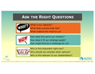 ASK THE RIGHT QUESTIONS
What is our capacity?
What does success look like?
What matters the most to us?
How does this serve our mission?
How does it fit our strategic goals?
How might this be a challenge for us?
Why is this important right now?
Why should we consider other options?
Why is this relevant to our stakeholders?
*BoardSource
 