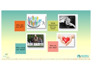 Why did
you join?
What
hesitations
did you
have?
Why would
you leave?
Why do
you stay?
 