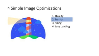 4 Simple Image Optimizations
1. Quality
2. Format
3. Sizing
4. Lazy Loading
 
