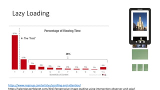 Lazy Loading
https://www.nngroup.com/articles/scrolling-and-attention/
https://calendar.perfplanet.com/2017/progressive-image-loading-using-intersection-observer-and-sqip/
 