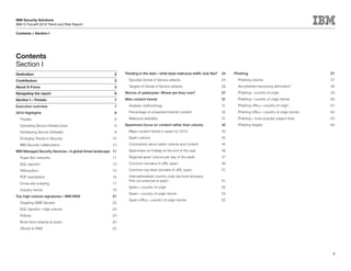 IBM Security Solutions
IBM X-Force® 2010 Trend and Risk Report

Contents > Section I




Contents
Section I
Dedication                                              2    Trending in the dark—what does malicious traffic look like?   24   Phishing                                   57

Contributors                                            3      Spoofed Denial of Service attacks                           24     Phishing volume                          57

About X-Force                                           3      Targets of Denial of Service attacks                        26     Are phishers becoming skimmers?          58

Navigating the report                                   6    Worms of yesteryear: Where are they now?                      27     Phishing—country of origin               59

Section I—Threats                                       7    Web content trends                                            31     Phishing—country of origin trends        60

Executive overview                                      7      Analysis methodology                                        31     Phishing URLs—country of origin          61

2010 Highlights                                         8      Percentage of unwanted Internet content                     32     Phishing URLs—country of origin trends   62

  Threats                                               8      Malicious websites                                          37     Phishing—most popular subject lines      63

  Operating Secure Infrastructure                       8    Spammers focus on content rather than volume                  42     Phishing targets                         64

  Developing Secure Software                            9      Major content trends in spam for 2010                       42

  Emerging Trends in Security                          10      Spam volume                                                 45

  IBM Security collaboration                           10      Conclusions about spam volume and content                   45

IBM Managed Security Services—A global threat landscape 11     Spammers on holiday at the end of the year                  46

  Trojan Bot networks                                  11      Regional spam volume per day of the week                    47

  SQL injection                                        13      Common domains in URL spam                                  48

  Obfuscation                                          15      Common top-level domains in URL spam                        51

  PDF exploitation                                     16      Internationalized country code top-level domains:
                                                               First occurrences in spam                                   51
  Cross-site scripting                                 17
                                                               Spam—country of origin                                      52
  Industry trends                                      18
                                                               Spam—country of origin trends                               54
Top high-volume signatures—IBM MSS                     21
                                                               Spam URLs—country of origin trends                          55
  Targeting SMB Servers                                22
  SQL injection—high volume                            23
  PsExec                                               23
  Brute force attacks & scans                          23
  JScript & UNIX                                       23




                                                                                                                                                                            4
 