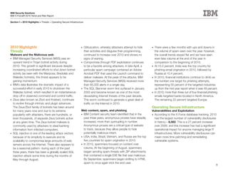 IBM Security Solutions
IBM X-Force® 2010 Trend and Risk Report

Section I > 2010 Highlights > Threats > Operating Secure Infrastructure




2010 Highlights                                                     •	 Obfuscation, whereby attackers attempt to hide         •	 There were a few months with ups and downs in
Threats                                                                their activities and disguise their programming,          the volume of spam seen over the year, however,
Malware and the Malicious web                                          continued to increase over 2010 and shows no              the overall trends stayed flat and we have seen
•	 IBM Managed Security Services (MSS) saw an                          signs of waning.                                          even less volume at the end of the year in
   upward trend in Trojan botnet activity during                    •	 Compromise through PDF exploitation continues             comparison to the beginning of 2010.
   2010. This growth is significant because despite                    to be a favorite among attackers. In late April, a     •	 At 15.5 percent, India was the top country for
   increasing coordinated efforts to shut down botnet                  particular spam campaign contained an Adobe               phishing email origination in 2010, followed by
   activity (as seen with the Mariposa, Bredolab and                   Acrobat PDF that used the Launch command to               Russia at 10.4 percent.
   Waledec botnets), this threat appears to be                         deliver malware. At the peak of the attacks, IBM       •	 In 2010, financial institutions continue to climb as
   gaining momentum.                                                   Managed Security Services (MSS) received more             the number one target for phishing attempts,
•	 IBM’s data illustrates the dramatic impact of a                     than 85,000 alerts in a single day.                       representing 50 percent of the targeted industries
   successful effort in early 2010 to shutdown the                  •	 The SQL Slammer worm first surfaced in January            up from the mid-year report when it was 49 percent.
   Waledac botnet, which resulted in an instantaneous                  2003 and became known as one of the most               •	 In 2010, more than three out of four financial phishing
   drop off in observed command and control traffic.                   devastating Internet threats of the past decade.          emails targeted banks located in North America.
•	 Zeus (also known as Zbot and Kneber), continues                     This worm continued to generate a great deal of           The remaining 22 percent targeted Europe.
   to evolve through intrinsic and plugin advances.                    traffic on the Internet in 2010.
   The Zeus/Zbot family of botnets has been around                                                                            Operating Secure Infrastructure
   for many years now and due to its extreme                        Web content, spam, and phishing                           Vulnerabilities and Exploitation
   popularity with attackers, there are hundreds, or                •	 IBM Content security team identified that in the       •	 According to the X-Force database tracking, 2010
   even thousands, of separate Zeus botnets active                     past three years, anonymous proxies have steadily         had the largest number of vulnerability disclosures
   at any given time. The Zeus botnet malware is                       increased, more than quintupling in number.               in history—8,562. This is a 27 percent increase
   commonly used by attackers to steal banking                         Anonymous proxies are a critical type of website          over 2009, and this increase has had a significant
   information from infected computers.                                to track, because they allow people to hide               operational impact for anyone managing large IT
•	 SQL injection is one of the leading attack vectors                  potentially malicious intent.                             infrastructures. More vulnerability disclosures can
   because of its simplicity to execute and its                     •	 USA, India, Brazil, Vietnam, and Russia are the top       mean more time patching and remediating
   scalability to compromise large amounts of web                      five countries for spam origination in 2010.              vulnerable systems.
   servers across the Internet. There also appears to               •	 In 2010, spammers focused on content over
   be a seasonal pattern: during each of the past                      volume. At the beginning of August, spammers
   three years, there has been a globally scaled SQL                   began sending spam threats with ZIP attachments
   injection attack some time during the months of                     that contained a single EXE file that was malicious.
   May through August.                                                 By September, spammers began shifting to HTML
                                                                       spam to once again trick the end-user.
                                                                                                                                                                                      8
 