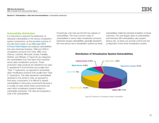 IBM Security Solutions
IBM X-Force® 2010 Trend and Risk Report

Section II > Virtualization—risks and recommendations > Vulnerability distribution




Vulnerability distribution                                         Of particular note here are the first two classes of                     vulnerabilities violate the principal of isolation of virtual
It is instructive to examine the distribution of                   vulnerabilities. The most common class of                                machines. The next largest class of vulnerabilities,
disclosed vulnerabilities in the various virtualization            vulnerabilities in server class virtualization products,                 administrative VM vulnerabilities, also present
system components, as this provides a picture of                   hypervisor escape vulnerabilities, generally represents                  serious risk, as these can provide control over the
the risks they involve. In our Mid-year 2010                       the most serious risk to virtualization systems as these                 configuration of the entire virtualization system.
X-Force Trend Report we analyzed vulnerabilities
that were disclosed between 1999 and 2009 in
virtualization products from Citrix, IBM, Linux
VServer, LxCenter, Microsoft, Oracle, Parallels,                                              Distribution of Virtualization System Vulnerabilities
RedHat, and VMware. In Figure 65 we categorize
the vulnerabilities from that report that impacted
                                                                                              Indeterminate: 6.25%                         Hypervisor: 1.25%
server class virtualization products. These
production class products are intended to be used                                         Mgmt Server: 6.25%                                                        Hypervisor escape: 37.5%
in operational IT environments and usually have
“Type 1” hypervisors, as opposed to workstation
                                                                                     Guest VM: 15%
class virtualization products that usually have “Type
2” hypervisors. This data represents vulnerabilities
disclosed in the vendor’s code, as opposed to
third-party components. It is difficult to classify
vulnerabilities in third-party components because it
is usually not clear where these components are
used within virtualization systems based on                                             Mgmt console: 16.25%
                                                                                                                                                      Admin VM: 17.5%
vulnerability advisories. This data encompasses a
total of 80 vulnerabilities.
                                                                                                         Figure 65: Distribution of Virtualization System Vulnerabilities




                                                                                                                                                                                                       92
 