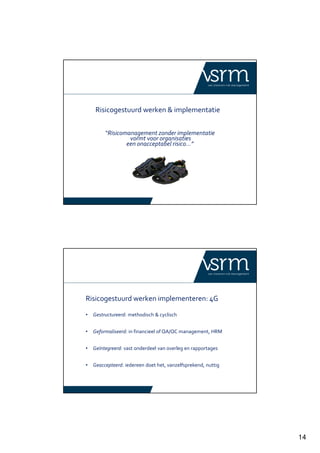 14
Risicogestuurd werken & implementatie
“Risicomanagement zonder implementatie
vormt voor organisaties
een onacceptabel risico…”
Risicogestuurd werken implementeren: 4G
• Gestructureerd: methodisch & cyclisch
• Geformaliseerd: in financieel of QA/QC management, HRM
• Geïntegreerd: vast onderdeel van overleg en rapportages
• Geaccepteerd: iedereen doet het, vanzelfsprekend, nuttig
 