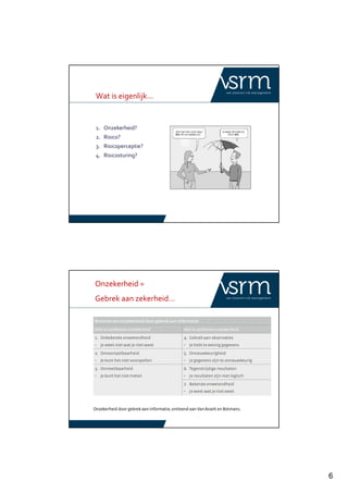 6
Wat is eigenlijk…
1. Onzekerheid?
2. Risico?
3. Risicoperceptie?
4. Risicosturing?
Onzekerheid =
Gebrek aan zekerheid…
 