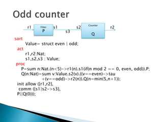 sort
Value= struct even | odd;
act
r1,r2:Nat;
s1,s2,s3 : Value;
proc
P=sum n:Nat.(n<5)->r1(n).s1(if(n mod 2 == 0, even, odd)).P;
Q(n:Nat)=sum v:Value.s2(v).((v==even)->tau
+(v==odd)->r2(n)).Q(n=min(5,n+1));
init allow ({r1,r2},
comm ({s1|s2->s3},
P||Q(0)));
Filter
P
Counter
Q
r1 r2s1 s2
s3
 