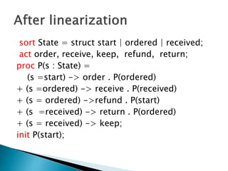 sort State = struct start | ordered | received;
act order, receive, keep, refund, return;
proc P(s : State) =
(s =start) -> order . P(ordered)
+ (s =ordered) -> receive . P(received)
+ (s = ordered) ->refund . P(start)
+ (s =received) -> return . P(ordered)
+ (s = received) -> keep;
init P(start);
 