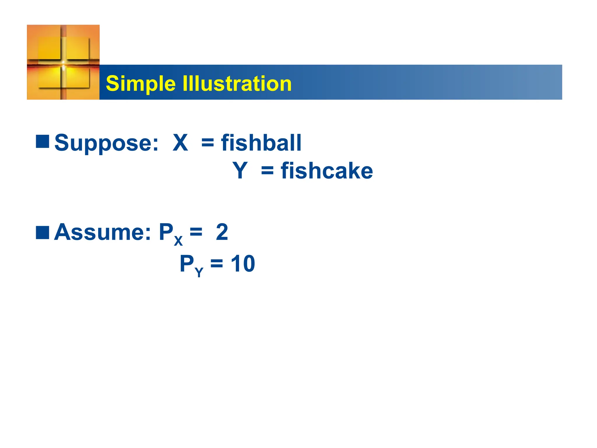 Simple Illustration
Suppose: X = fishball
Y = fishcake
Assume: PX = 2
PY = 10
 