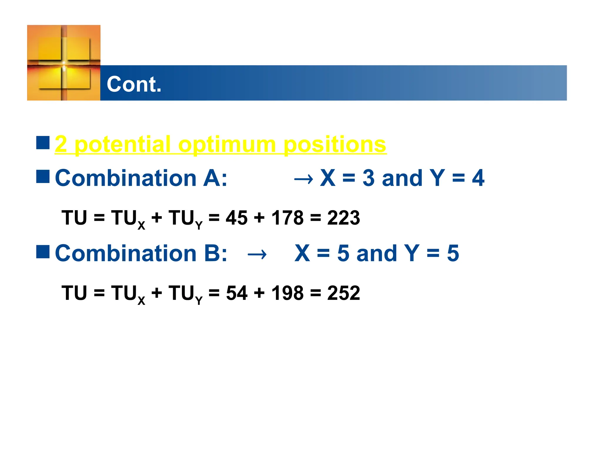 Cont.
2 potential optimum positions
Combination A:  X = 3 and Y = 4
TU = TUX + TUY = 45 + 178 = 223
Combination B:  X = 5 and Y = 5
TU = TUX + TUY = 54 + 198 = 252
 