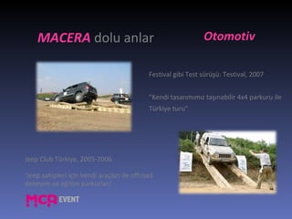 Festival gibi Test sürüşü: Testival, 2007 “ Kendi tasarımımız taşınabilir 4x4 parkuru ile Türkiye turu” MACERA  dolu anlar Otomotiv Jeep Club Türkiye, 2005-2006 ‘ Jeep sahipleri için kendi araçları ile offroad deneyim ve eğitim parkurları’ 