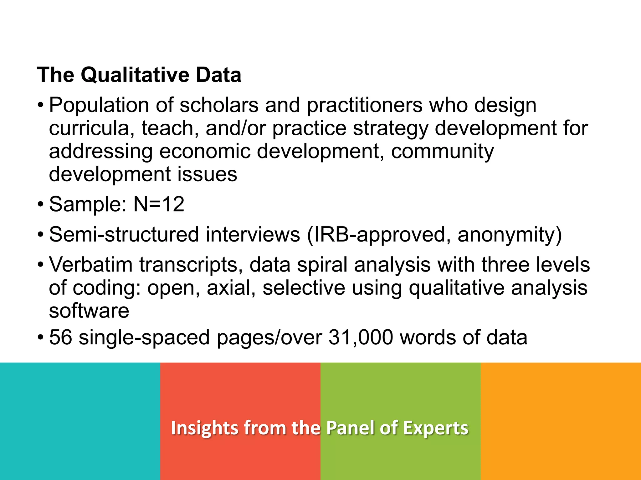Insights from the Panel of Experts
The Qualitative Data
• Population of scholars and practitioners who design
curricula, teach, and/or practice strategy development for
addressing economic development, community
development issues
• Sample: N=12
• Semi-structured interviews (IRB-approved, anonymity)
• Verbatim transcripts, data spiral analysis with three levels
of coding: open, axial, selective using qualitative analysis
software
• 56 single-spaced pages/over 31,000 words of data
 