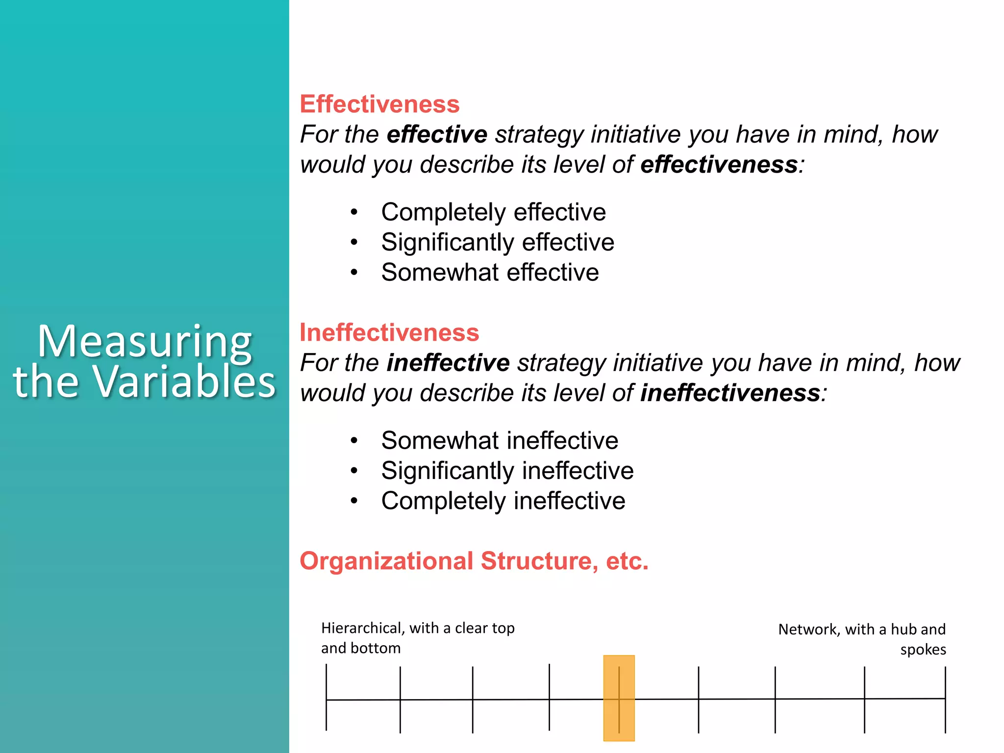 Effectiveness
For the effective strategy initiative you have in mind, how
would you describe its level of effectiveness:
• Completely effective
• Significantly effective
• Somewhat effective
Ineffectiveness
For the ineffective strategy initiative you have in mind, how
would you describe its level of ineffectiveness:
• Somewhat ineffective
• Significantly ineffective
• Completely ineffective
Organizational Structure, etc.
Measuring
the Variables
Hierarchical, with a clear top
and bottom
Network, with a hub and
spokes
 