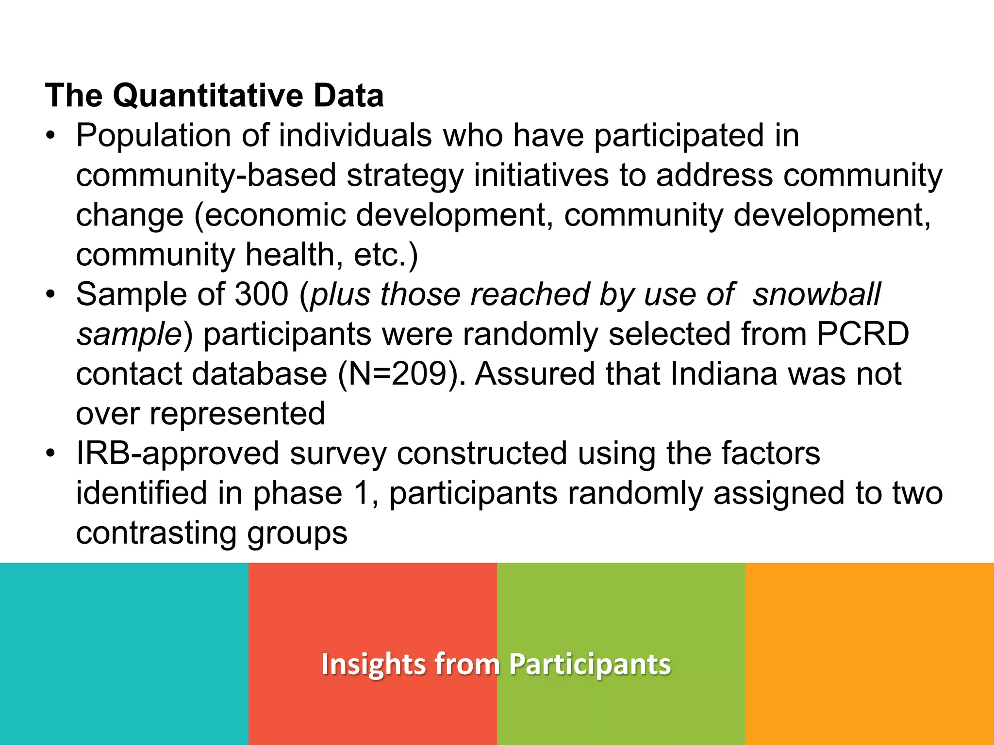 Insights from Participants
The Quantitative Data
• Population of individuals who have participated in
community-based strategy initiatives to address community
change (economic development, community development,
community health, etc.)
• Sample of 300 (plus those reached by use of snowball
sample) participants were randomly selected from PCRD
contact database (N=209). Assured that Indiana was not
over represented
• IRB-approved survey constructed using the factors
identified in phase 1, participants randomly assigned to two
contrasting groups
 