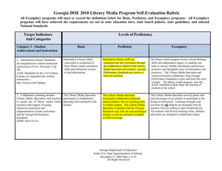 Georgia DOE 2010 Library Media Program Self-Evaluation Rubric
   All Exemplary programs will meet or exceed the definitions below for Basic, Proficient, and Exemplary programs. All Exemplary
   programs will have achieved the requirements set out in state education laws, state board policies, state guidelines, and selected
   National Standards.

      Target Indicators                                                                     Levels of Proficiency
       And Categories
Category 1 - Student                                   Basic                               Proficient                                        Exemplary
Achievement and Instruction

1. Information Literacy Standards,        Information Literacy Skills        Information literacy skills are             The library media program fosters critical thinking
are integrated into content instruction    curriculum is comprised of         integrated into the curriculum through      skills and independent inquiry so students can
(Information Power; Principle 2; Pg.       basic library media orientation    the collaborative efforts of the Library    learn to choose reliable information and become
58)                                        skills and instruction on how      Media Specialist and teachers. Georgia      proactive and thoughtful users of information and
AASL Standards for the 21st-Century        to find information.               Performance Standards are used as a         resources. The Library Media Specialist and
Learner are integrated into content                                           basis for teaching.                         classroom teacher collaborate using Georgia
instruction. (                                                                                                            Performance Standards to plan and teach the units
http://tinyurl.com/3q8dpa)                                                                                                of study. The library media program uses the
                                                                                                                          AASL standards to help shape the learning of
                                                                                                                          students in the school

2. Collaborative planning includes        The Library Media Specialist       The Library Media Specialist                The Library Media Specialist actively plans with
Library Media Specialists and teachers    participates in collaborative      encourages collaborative planning           and encourages every teacher to participate in the
to ensure use of library media center     planning when initiated by the     among teachers who are teaching units       design of instruction. Learning strategies and
resources that support on-going           teacher.                           of similar content. The Library Media       activities for all students are designed with all
classroom instruction and                                                    Specialist is familiar with the Georgia     teachers who are willing to plan collaboratively.
implementation of state curriculum                                           Standards.org) web site and encourages      All students with diverse learning styles, abilities,
and the Georgia Performance                                                  teachers to use the resources available     and needs are included in collaborative plans.
Standards.                                                                   on GSO web page.
(IFBD 160-4-4-.01)




                                                                          Georgia Department of Education
                                                                      Kathy Cox, State Superintendent of Schools
                                                                           December 17, 2009 Page 1 of 10
                                                                                 All Rights Reserved
 