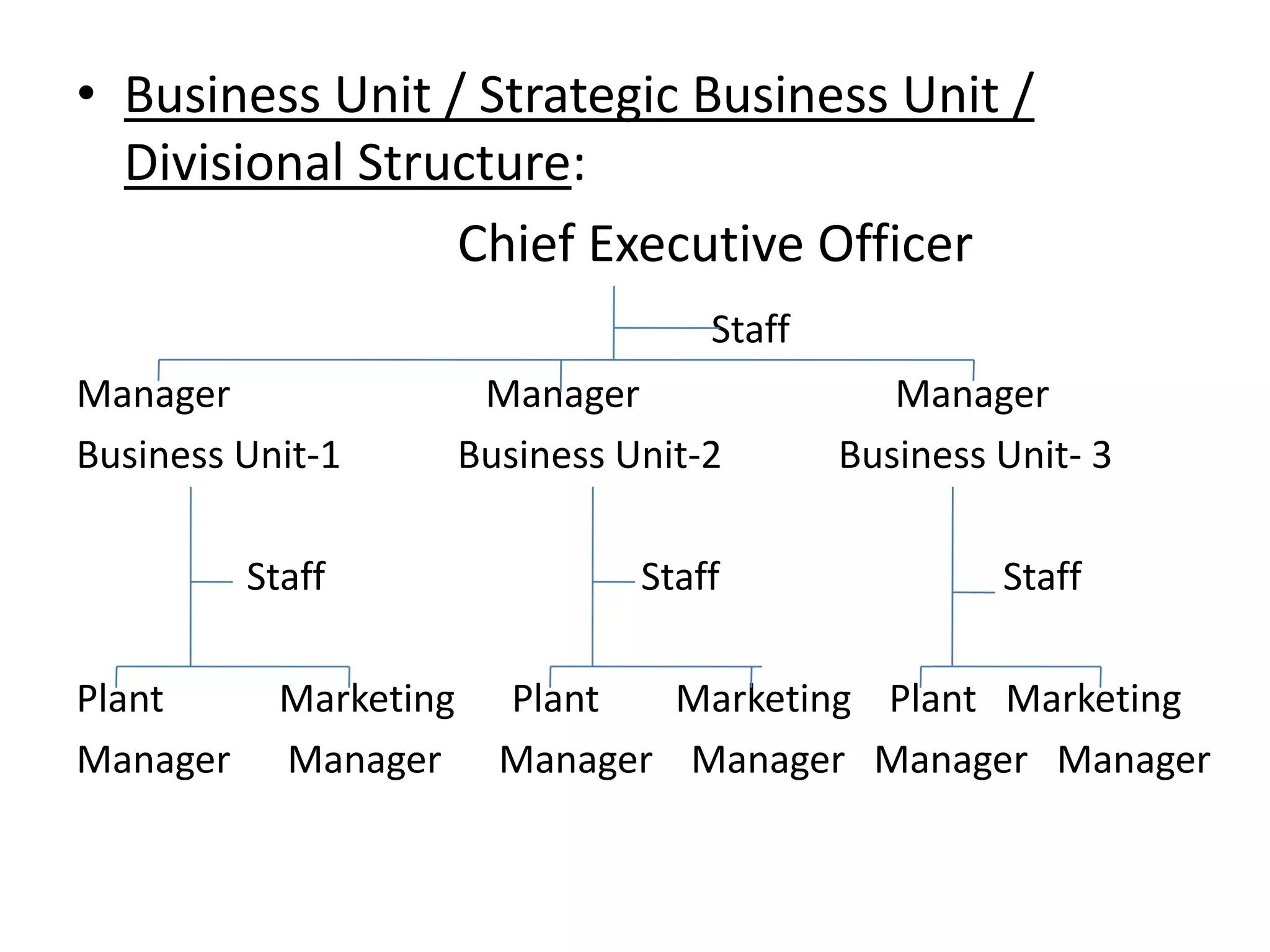 • Business Unit / Strategic Business Unit /
  Divisional Structure:
                 Chief Executive Officer
                                      Staff
Manager                  Manager                 Manager
Business Unit-1         Business Unit-2       Business Unit- 3

          Staff                   Staff                Staff

Plant       Marketing     Plant   Marketing Plant Marketing
Manager     Manager       Manager Manager Manager Manager
 