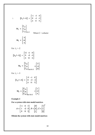 10
Where C = cofactor
For 2 = -2
For 3 = -3
Example 2
For a system with state model matrices
Obtain the system with state model matrices
 