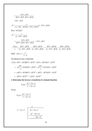 31
)5.05.05.05.0(
5.05.0
jj
j
5.05.0 j
*
A )5.05.0(
)5.05.0()5.05.0(
jz
jzjz
z
Put z =0.5-j0.5
*
A
)5.05.0( jz
z
)5.05.05.05.0(
5.05.0
jj
j
5.05.0 j
)5.05.0(
)5.05.0(
)5.05.0(
)5.05.0()(
jz
j
jz
j
z
zF
)5.05.0(
)5.05.0(
)5.05.0(
)5.05.0(
jz
zj
jz
zj
WKT
az
z
aZ k
}{
On taking inverse z transform
kk
jjjjkf )5.05.0()5.05.0()5.05.0)(5.05.0()(
kk
j
j
jj
j
j )5.05.0()5.0
5.0
()5.05.0()5.0
5.0
(
kk
jjjjjj )5.05.0()5.05.0()5.05.0)(5.05.0(
11
)5.05.0()5.05.0( kk
jjjj
2. Determine the inverse z transform of z domain function
F (z) =
23
123
2
2
zz
zz
Given
F (z) =
23
123
2
2
zz
zz
3
232
zz 123 2
zz
693 2
zz
511z
 