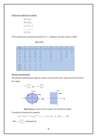 36
Sufficient condition for stability
20
20
10
0
..................
rr
cc
bb
aa
n
n
n
If the characteristic polynomial satisfies (n-1) conditions, then the system is stable
Jury’s test
Bilinear transformation
The bilinear transformation maps the interior of unit circle in the z plane into the left half of
the r-plane.
1
1
z
z
r Or r
r
z
1
1
Fig.Mapping of unit circle in z-plane into left half of r-plane
Consider the characteristic equation
)....(..........0;............ 0
2
2
1
1 iaaazazaza nz
n
n
n
n
n
n
Sub
r
r
z
1
1
in Equation (i)
 
