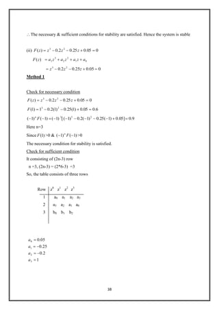 38
The necessary & sufficient conditions for stability are satisfied. Hence the system is stable
(ii) 005.025.02.0)( 23
zzzzF
)(zF 01
2
2
3
3 azazaza
005.025.02.0 23
zzz
Method 1
Check for necessary condition
005.025.02.0)( 23
zzzzF
6.005.0)1(25.0)1(2.01)1( 23
F
9.0]05.0)1(25.0)1(2.0)1([)1()1()1( 233
Fn
Here n=3
Since )1(F >0 & )1()1( Fn
>0
The necessary condition for stability is satisfied.
Check for sufficient condition
It consisting of (2n-3) row
n =3, (2n-3) = (2*6-3) =3
So, the table consists of three rows
Row z0
z1
z2
z3
1 a0 a1 a2 a3
2 a3 a2 a1 a0
3 b0 b1 b2
1
2.0
25.0
05.0
3
2
1
0
a
a
a
a
 