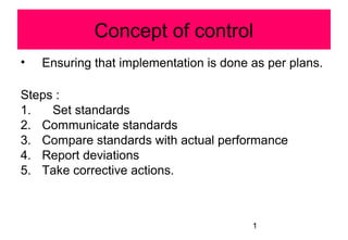 Concept of control 
• Ensuring that implementation is done as per plans. 
Steps : 
1. Set standards 
2. Communicate standards 
3. Compare standards with actual performance 
4. Report deviations 
5. Take corrective actions. 
1 
 