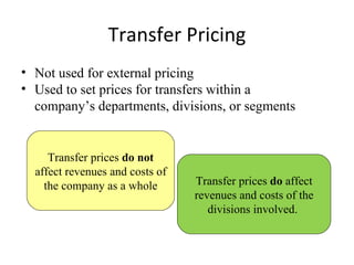 Transfer Pricing Not used for external pricing  Used to set prices for transfers within a company’s departments, divisions, or segments Transfer prices  do not  affect revenues and costs of the company as a whole Transfer prices  do  affect revenues and costs of the divisions involved.  