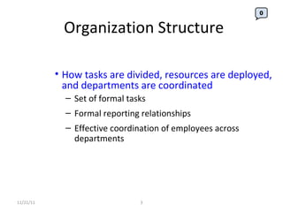 Organization Structure How tasks are divided, resources are deployed, and departments are coordinated Set of formal tasks  Formal reporting relationships Effective coordination of employees across departments 11/21/11 0 