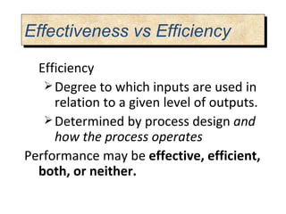 Efficiency Degree to which inputs are used in relation to a given level of outputs. Determined by process design  and how the process operates Performance may be  effective, efficient, both, or neither. Effectiveness vs Efficiency  