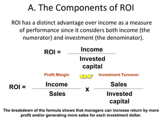 A. The Components of ROI ROI has a distinct advantage over income as a measure of performance since it considers both income (the numerator) and investment (the denominator).  or The breakdown of the formula shows that managers can increase return by more profit and/or generating more sales for each investment dollar. ROI =  Income Invested capital ROI =  Income Sales x Sales Invested capital Profit Margin Investment Turnover 