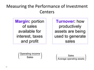 Measuring the Performance of Investment Centers Margin :   portion of sales available for interest, taxes and profit Turnover :   how productively assets are being used to generate sales 
