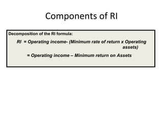 Components of RI Decomposition of the RI formula: RI  = Operating income- (Minimum rate of return x Operating  assets) = Operating income – Minimum return on Assets 